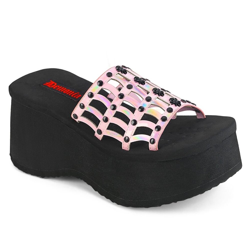 Demonia Funn 13 Platform Slides - Baby Pink Hologram Sandals brand new in box